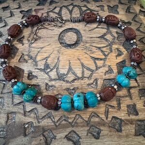Handcrafted Turquoise & Carved Brown Bead Necklace - Unbranded